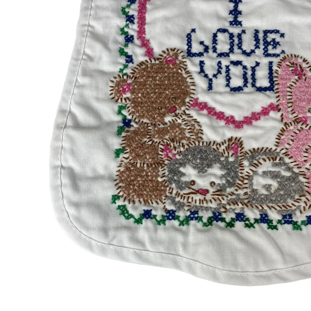 Vintage Handmade Cross Stitch Baby Bib Kitten Bunny Bear I Love You Tie-up Heart